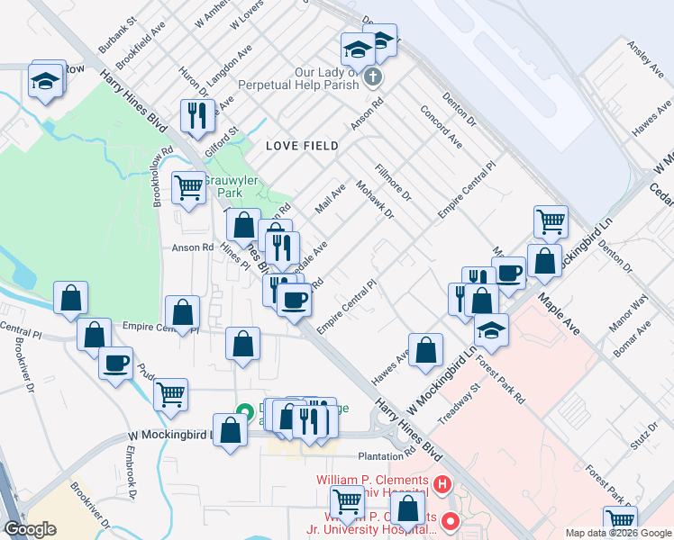 map of restaurants, bars, coffee shops, grocery stores, and more near 2122 Shea Road in Dallas