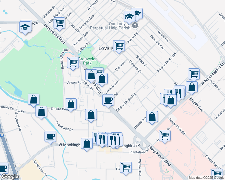 map of restaurants, bars, coffee shops, grocery stores, and more near 2142 Lovedale Avenue in Dallas