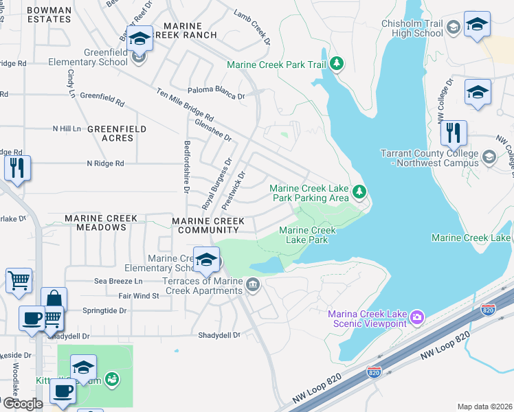 map of restaurants, bars, coffee shops, grocery stores, and more near 5400 Driftway Drive in Fort Worth