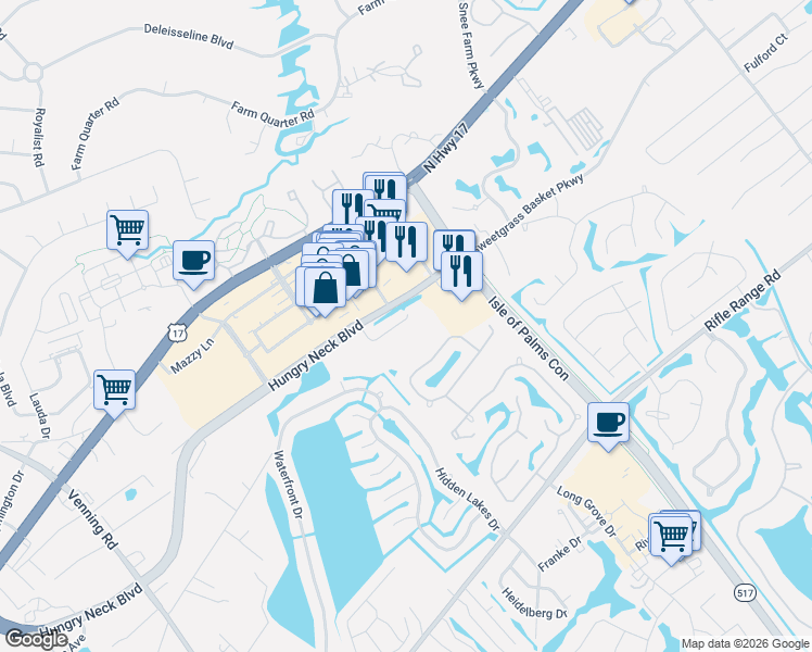 map of restaurants, bars, coffee shops, grocery stores, and more near 1939 Carolina Towne Court in Mount Pleasant