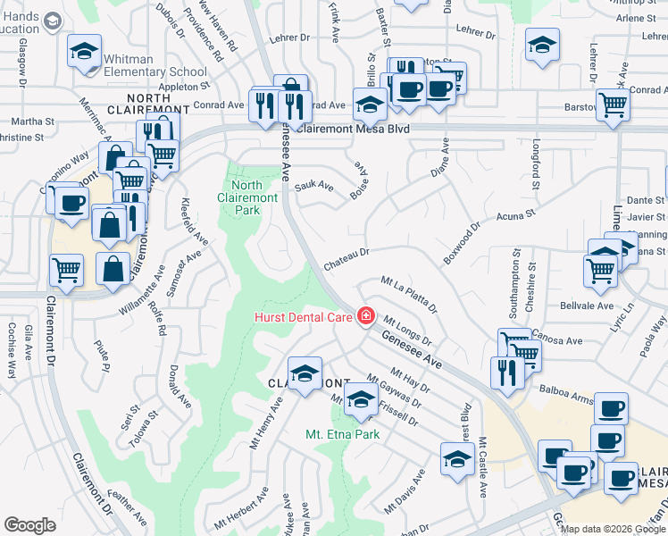 map of restaurants, bars, coffee shops, grocery stores, and more near 4531 Chateau Drive in San Diego