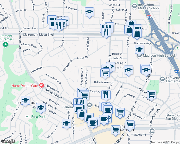 map of restaurants, bars, coffee shops, grocery stores, and more near 4650 Derrick Drive in San Diego