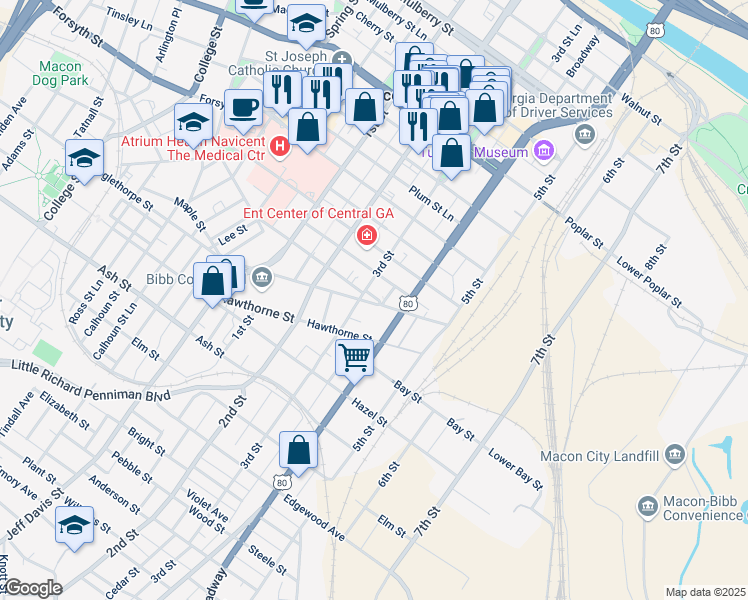 map of restaurants, bars, coffee shops, grocery stores, and more near 950 3rd Street in Macon