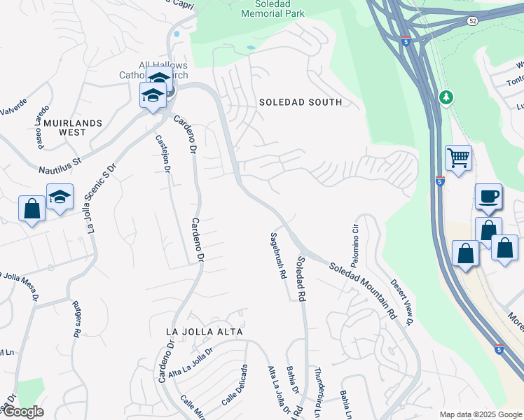 map of restaurants, bars, coffee shops, grocery stores, and more near 6110 Soledad Mountain Road in San Diego