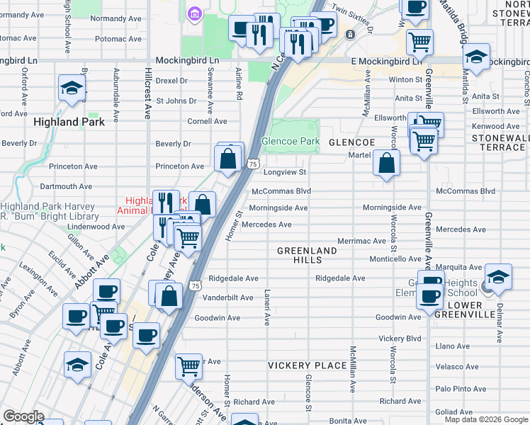map of restaurants, bars, coffee shops, grocery stores, and more near 5226 Morningside Avenue in Dallas