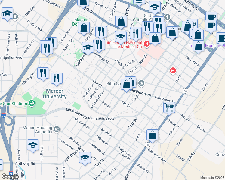 map of restaurants, bars, coffee shops, grocery stores, and more near 1277 Jackson Street in Macon