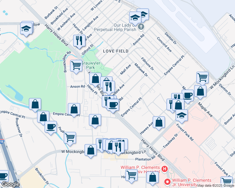 map of restaurants, bars, coffee shops, grocery stores, and more near 2142 Lovedale Avenue in Dallas