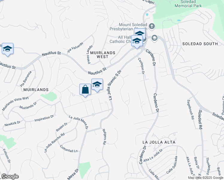 map of restaurants, bars, coffee shops, grocery stores, and more near 6283 La Jolla Scenic South Drive in San Diego