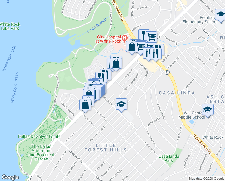 map of restaurants, bars, coffee shops, grocery stores, and more near 9150 Garland Road in Dallas