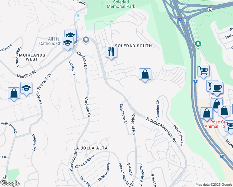 map of restaurants, bars, coffee shops, grocery stores, and more near 6110 Soledad Mountain Road in San Diego