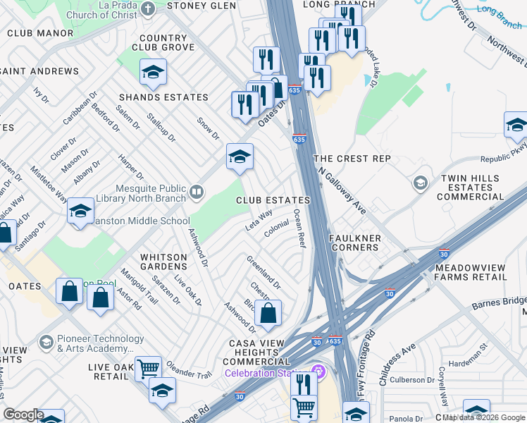 map of restaurants, bars, coffee shops, grocery stores, and more near 2329 Boca Raton in Mesquite