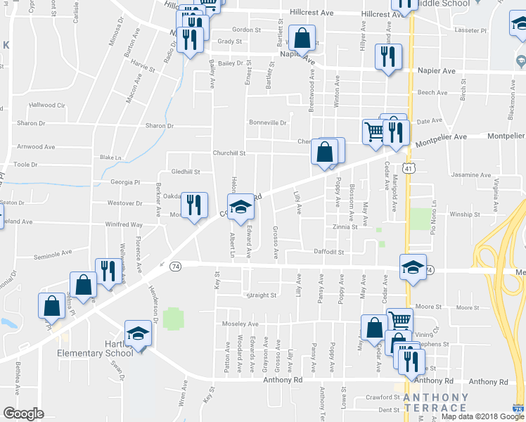 map of restaurants, bars, coffee shops, grocery stores, and more near 330 Hortman Avenue in Macon