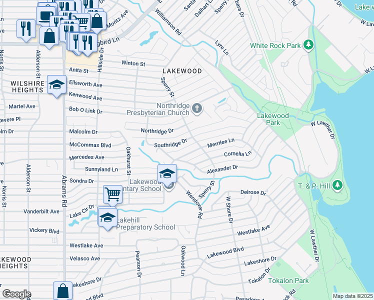 map of restaurants, bars, coffee shops, grocery stores, and more near 6837 Merrilee Lane in Dallas