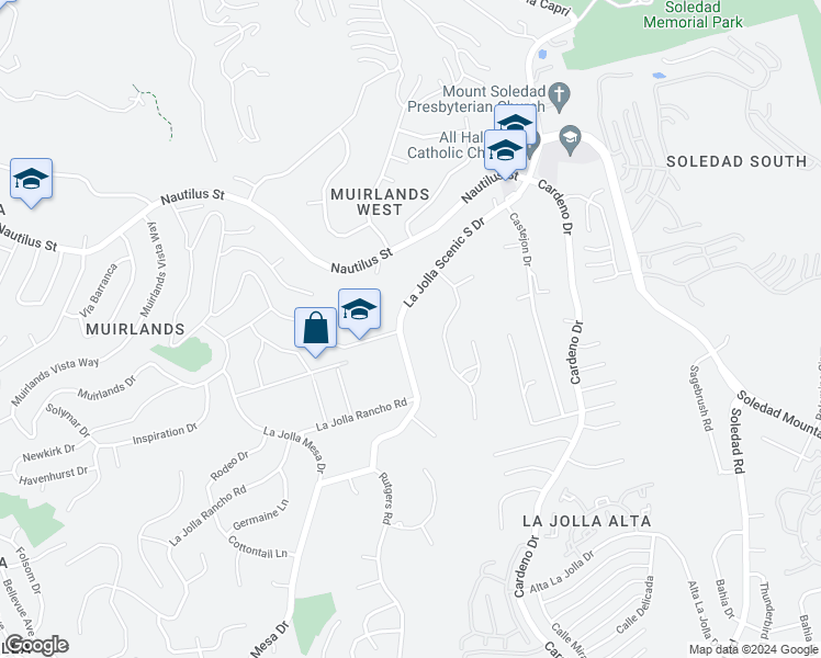 map of restaurants, bars, coffee shops, grocery stores, and more near 6283 La Jolla Scenic South Drive in San Diego
