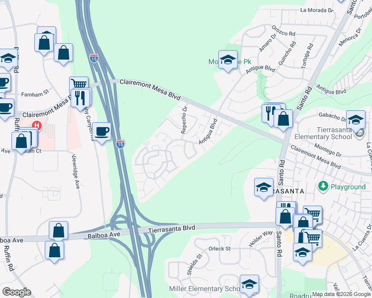 map of restaurants, bars, coffee shops, grocery stores, and more near 5267 Edge Park Way in San Diego