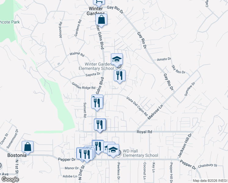 map of restaurants, bars, coffee shops, grocery stores, and more near 12106 Winter Gardens Drive in Lakeside