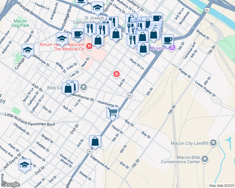 map of restaurants, bars, coffee shops, grocery stores, and more near 950 3rd Street in Macon
