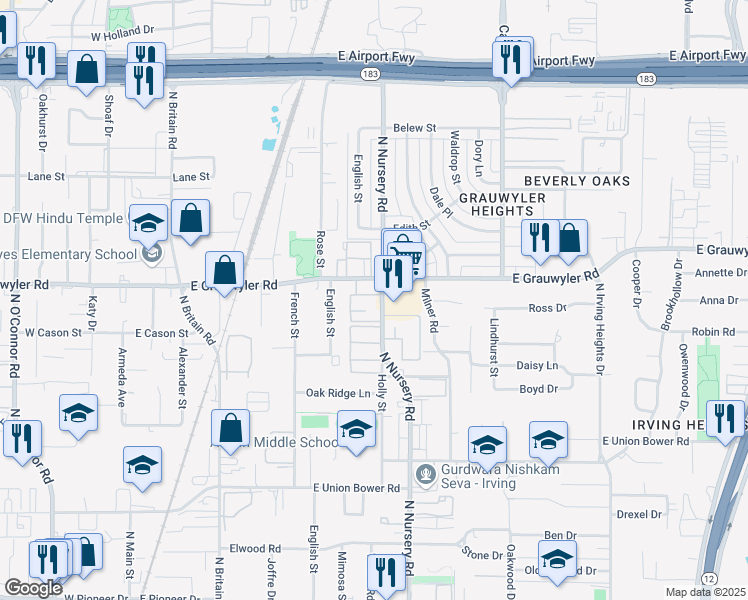 map of restaurants, bars, coffee shops, grocery stores, and more near 1421 North Nursery Road in Irving