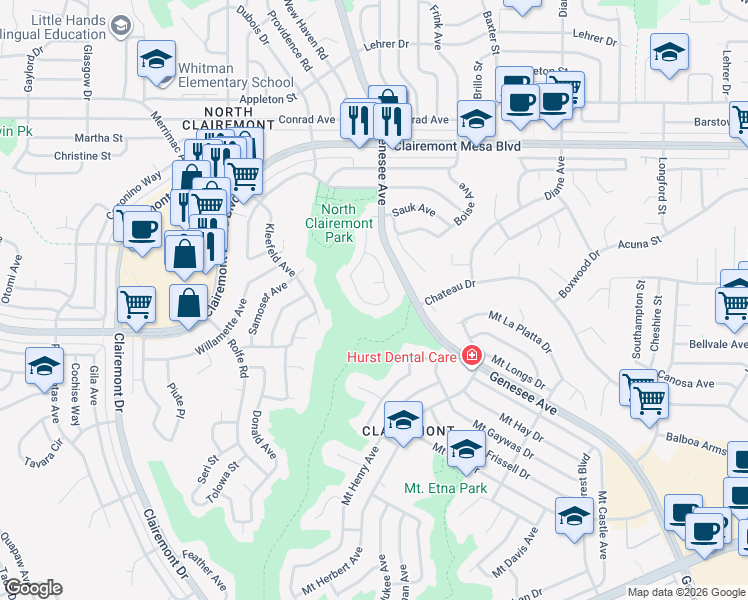 map of restaurants, bars, coffee shops, grocery stores, and more near 4527 Chinook Court in San Diego