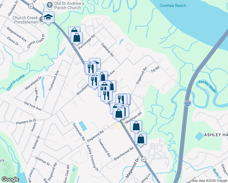 map of restaurants, bars, coffee shops, grocery stores, and more near 1783 Melody Lane in Charleston