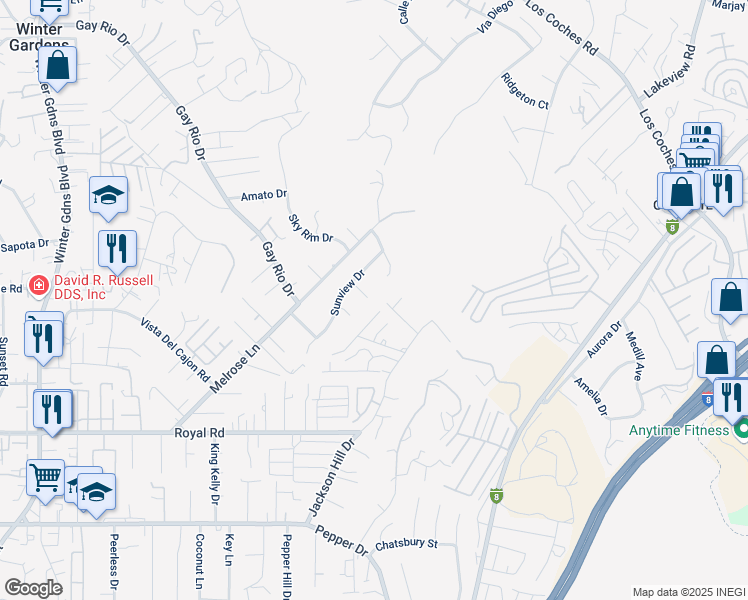 map of restaurants, bars, coffee shops, grocery stores, and more near 12529 Hay Court in El Cajon