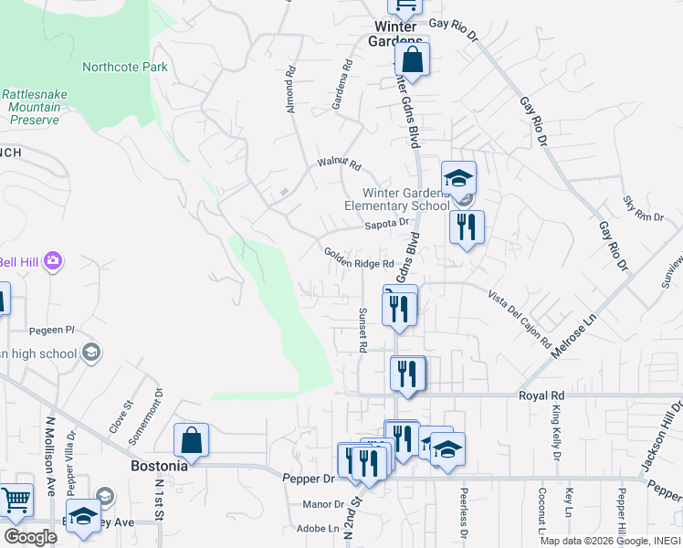 map of restaurants, bars, coffee shops, grocery stores, and more near 8475 Golden Ridge Road in Lakeside