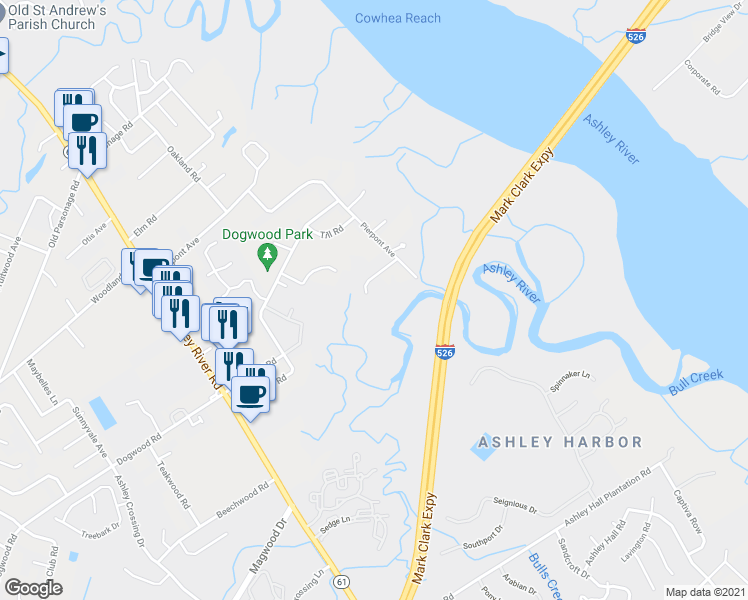 map of restaurants, bars, coffee shops, grocery stores, and more near 1643 Bull Creek Ln in Charleston