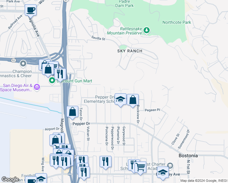 map of restaurants, bars, coffee shops, grocery stores, and more near 8435 Wenatchee Avenue in El Cajon