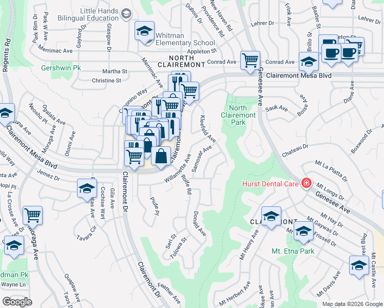 map of restaurants, bars, coffee shops, grocery stores, and more near 4168 Willamette Avenue in San Diego
