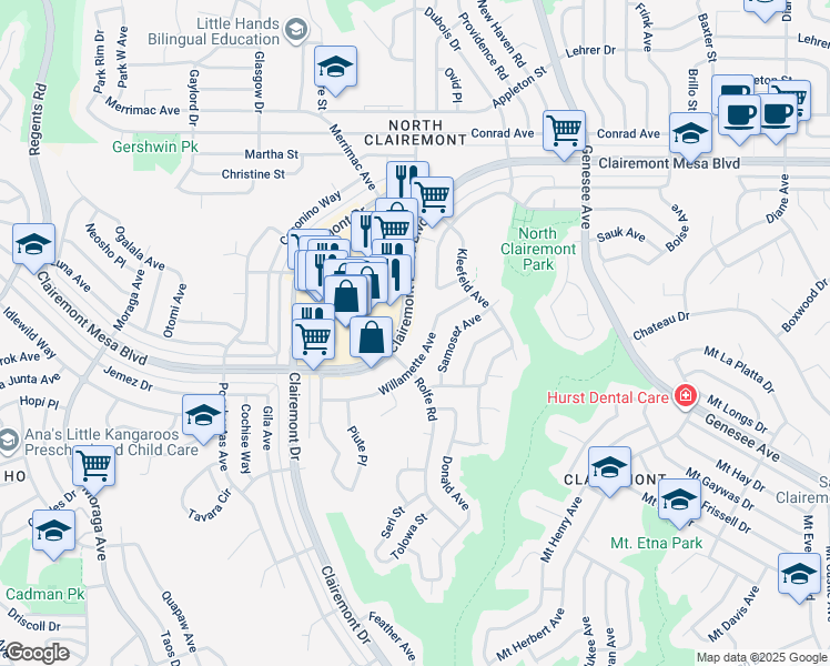 map of restaurants, bars, coffee shops, grocery stores, and more near 4168 Willamette Avenue in San Diego