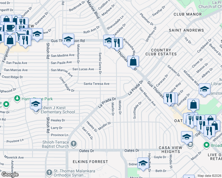 map of restaurants, bars, coffee shops, grocery stores, and more near 3347 Crest Ridge Drive in Dallas