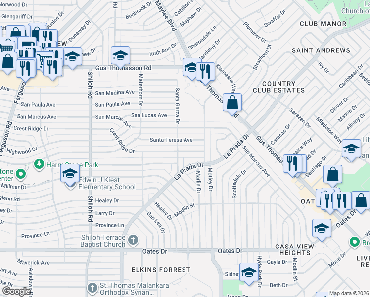 map of restaurants, bars, coffee shops, grocery stores, and more near 3315 Crest Ridge Drive in Dallas