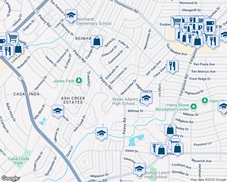 map of restaurants, bars, coffee shops, grocery stores, and more near 1945 Peavy Road in Dallas