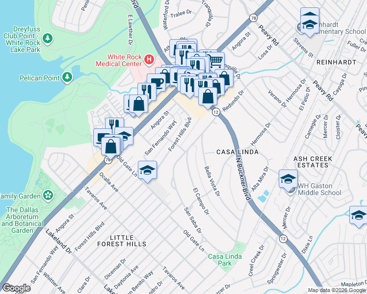 map of restaurants, bars, coffee shops, grocery stores, and more near 9321 Redondo Drive in Dallas