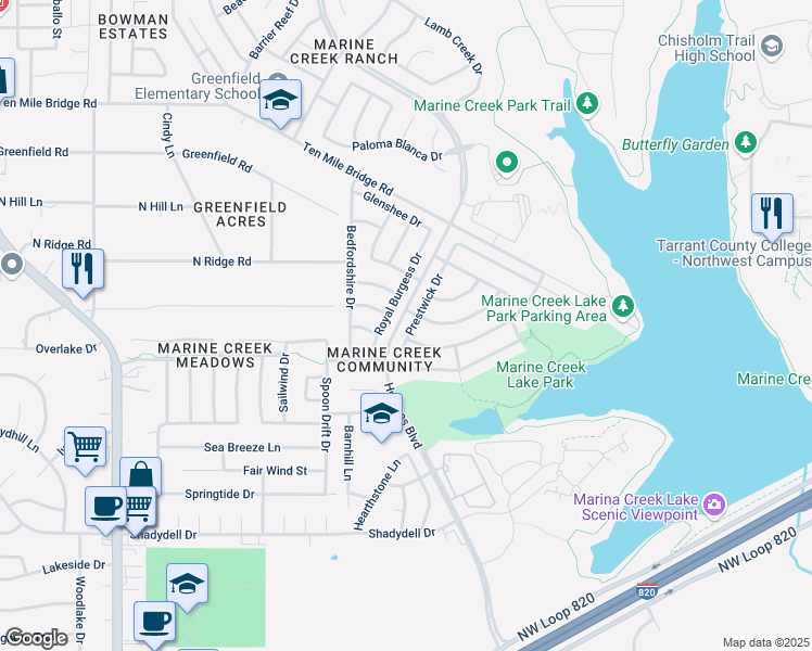 map of restaurants, bars, coffee shops, grocery stores, and more near 5025 Prestwick Drive in Fort Worth