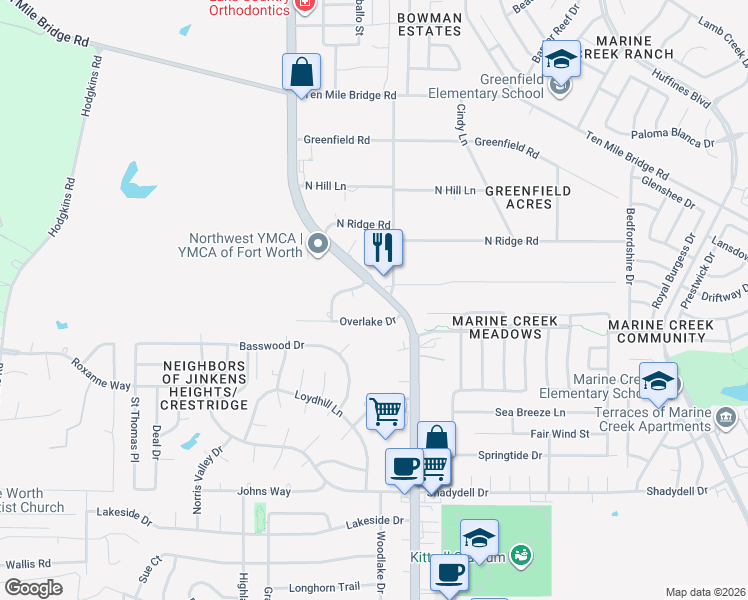 map of restaurants, bars, coffee shops, grocery stores, and more near 5236 Hill Ridge Drive in Fort Worth