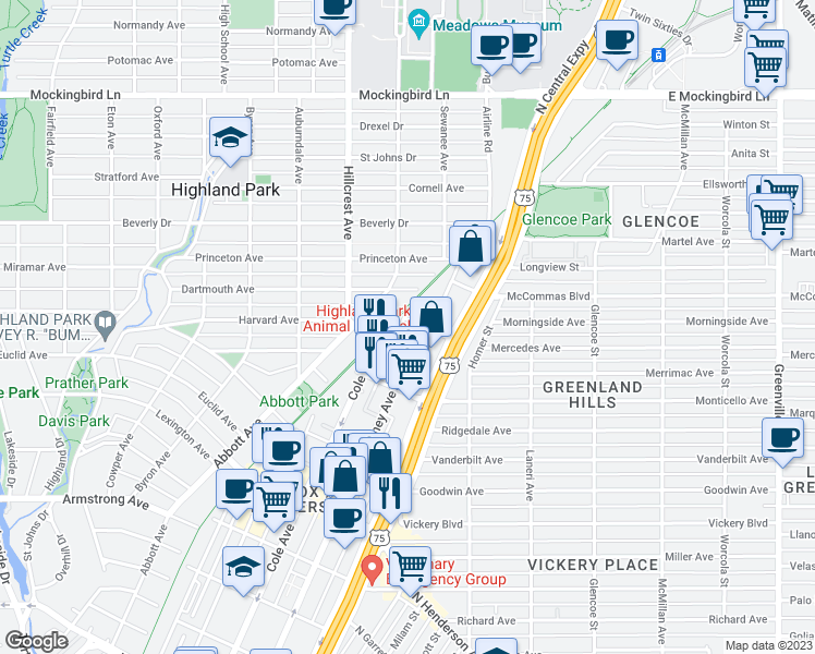 map of restaurants, bars, coffee shops, grocery stores, and more near 3161 Webb Avenue in Dallas
