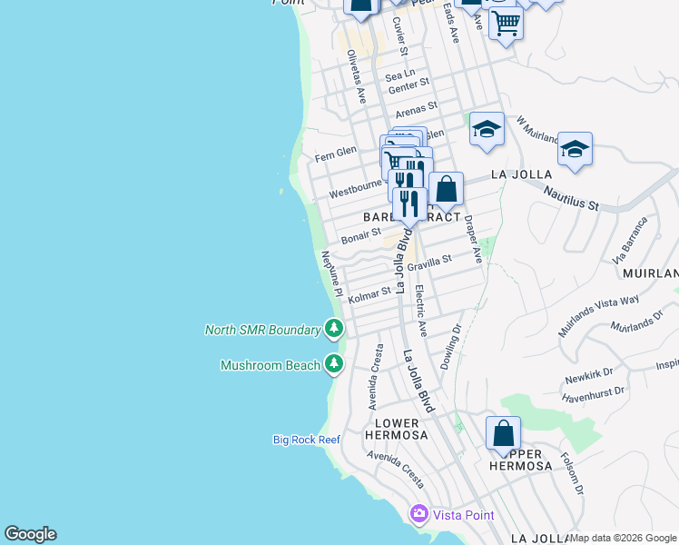 map of restaurants, bars, coffee shops, grocery stores, and more near 6722 Vista Del Mar Avenue in San Diego