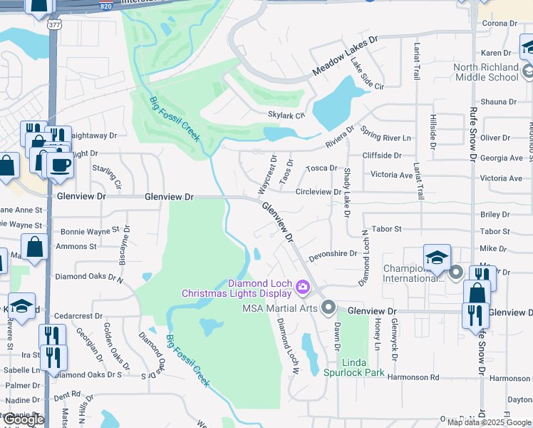 map of restaurants, bars, coffee shops, grocery stores, and more near 6120 Glenview Drive in North Richland Hills
