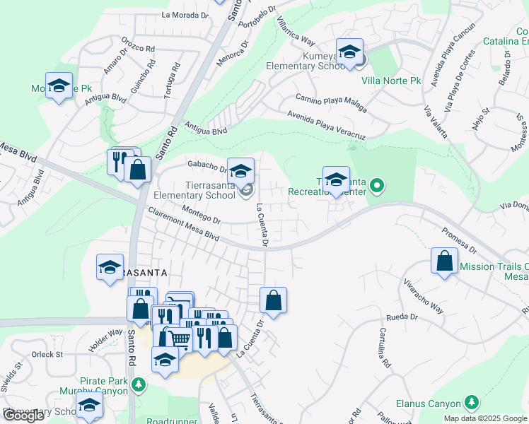 map of restaurants, bars, coffee shops, grocery stores, and more near 5419 La Cuenta Drive in San Diego
