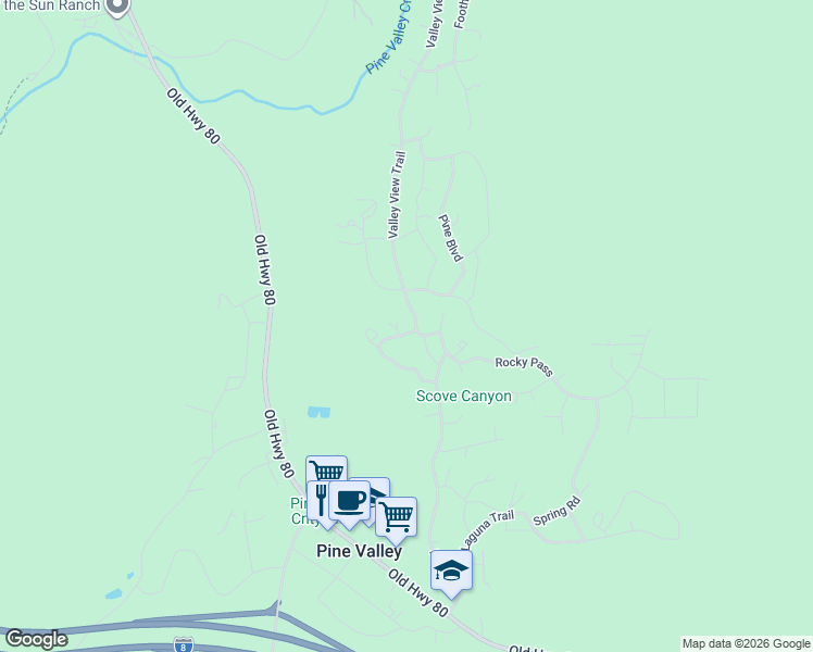map of restaurants, bars, coffee shops, grocery stores, and more near 7892 Valley View Trail in Pine Valley