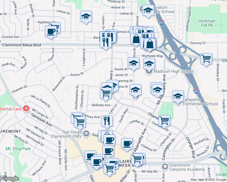 map of restaurants, bars, coffee shops, grocery stores, and more near 4679 Limerick Avenue in San Diego