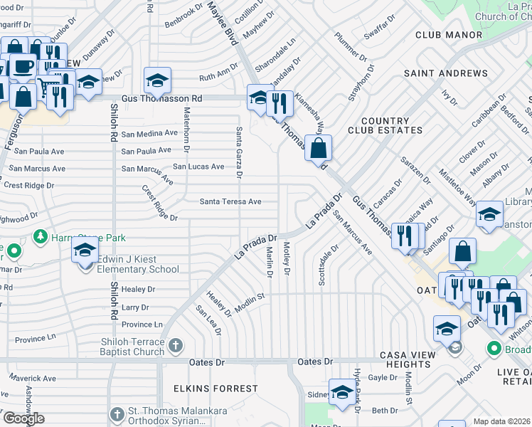 map of restaurants, bars, coffee shops, grocery stores, and more near 3347 Crest Ridge Drive in Dallas
