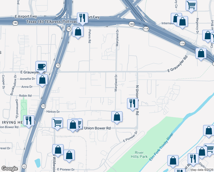 map of restaurants, bars, coffee shops, grocery stores, and more near 210 Richland St in Irving