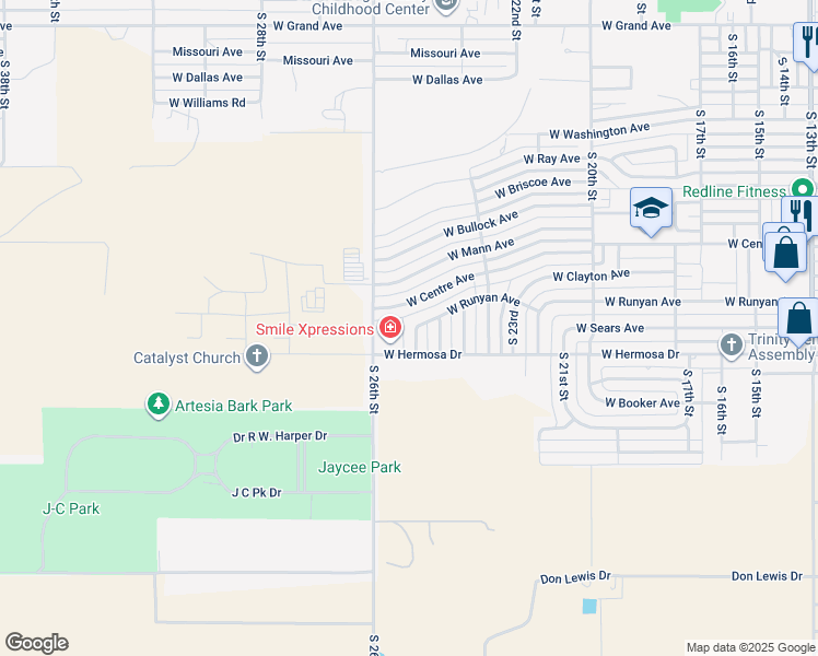 map of restaurants, bars, coffee shops, grocery stores, and more near 1404 Runyan Drive in Artesia