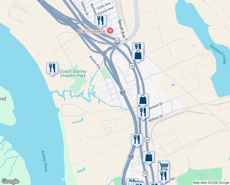 map of restaurants, bars, coffee shops, grocery stores, and more near 1847 Doscher Avenue in North Charleston