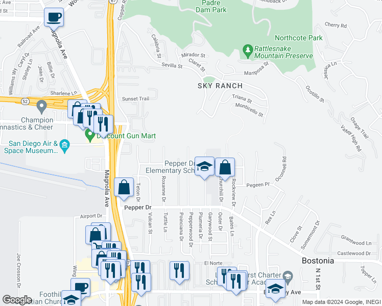 map of restaurants, bars, coffee shops, grocery stores, and more near 8435 Wenatchee Avenue in El Cajon