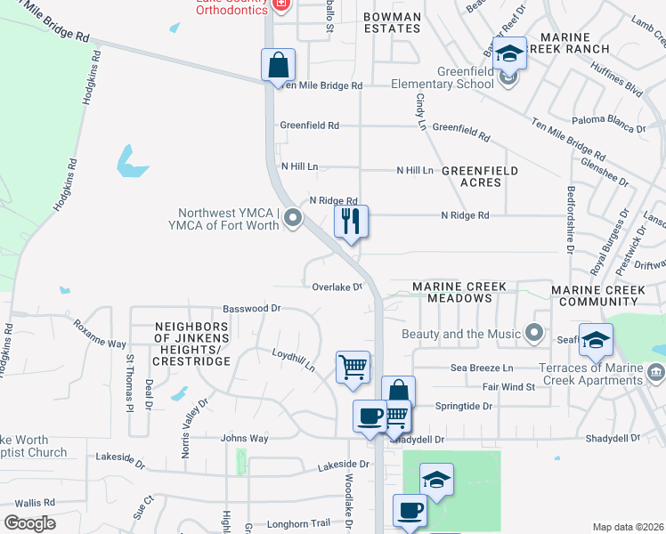 map of restaurants, bars, coffee shops, grocery stores, and more near 5236 Hill Ridge Drive in Fort Worth