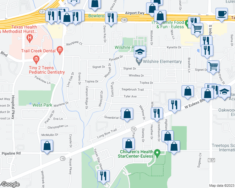 map of restaurants, bars, coffee shops, grocery stores, and more near 1812 Tyler Avenue in Euless