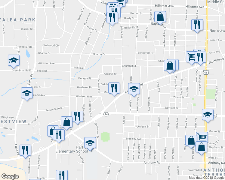 map of restaurants, bars, coffee shops, grocery stores, and more near 3053 Montpelier Place in Macon
